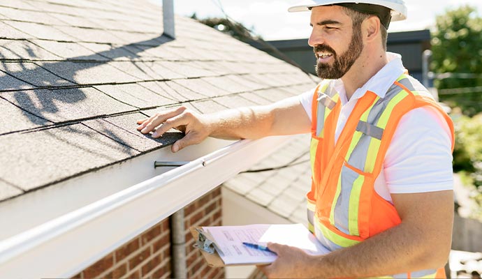 inspector standing on a ladder and inspection to the roof of a house